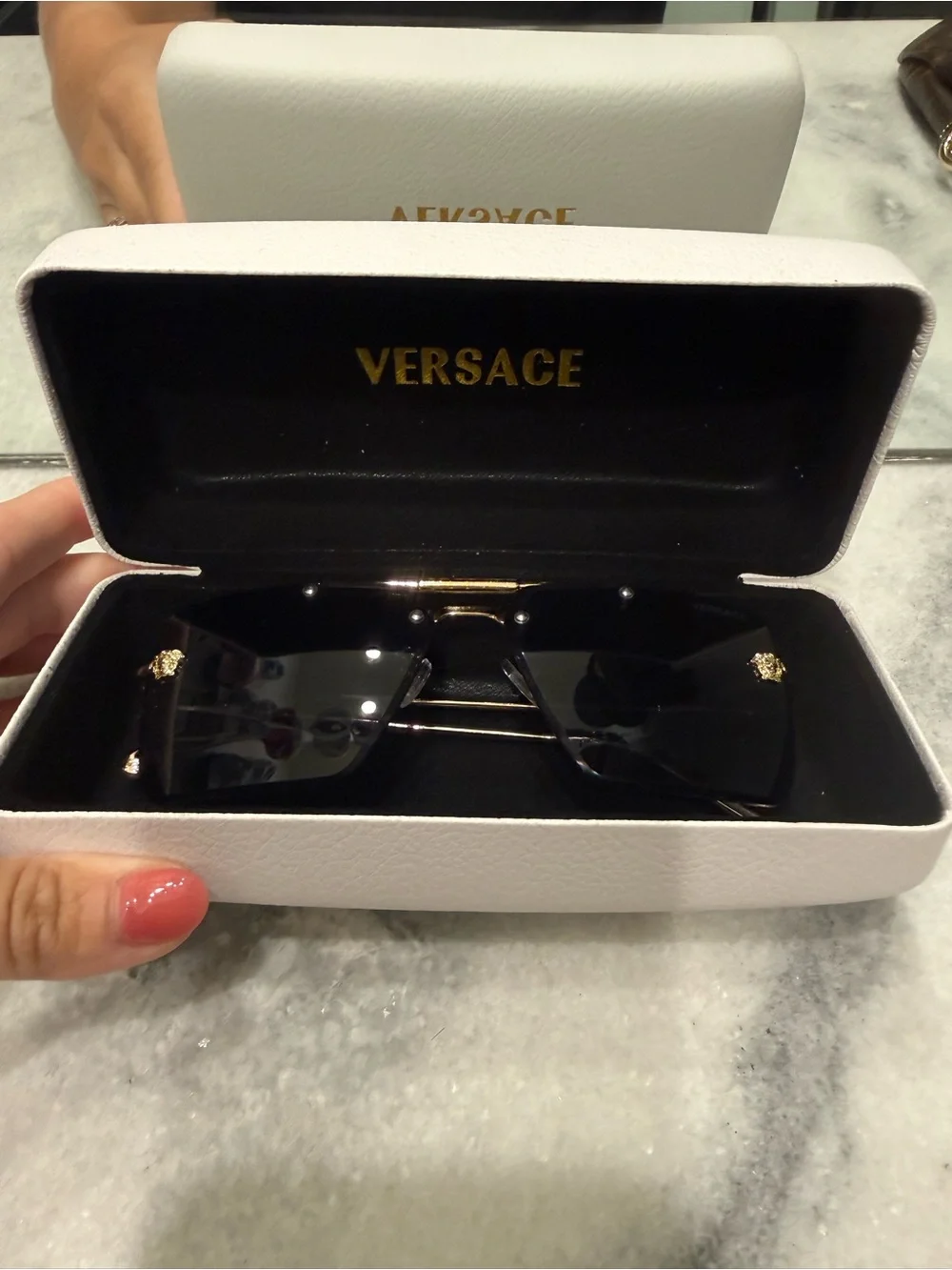 Versace Men's Black Shield Sunglasses with Gold Medusa Accents
